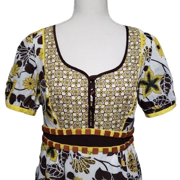 Aryeh Brown Yellow Floral Belted Summer Dress Sz L NWT - Picture 4 of 15